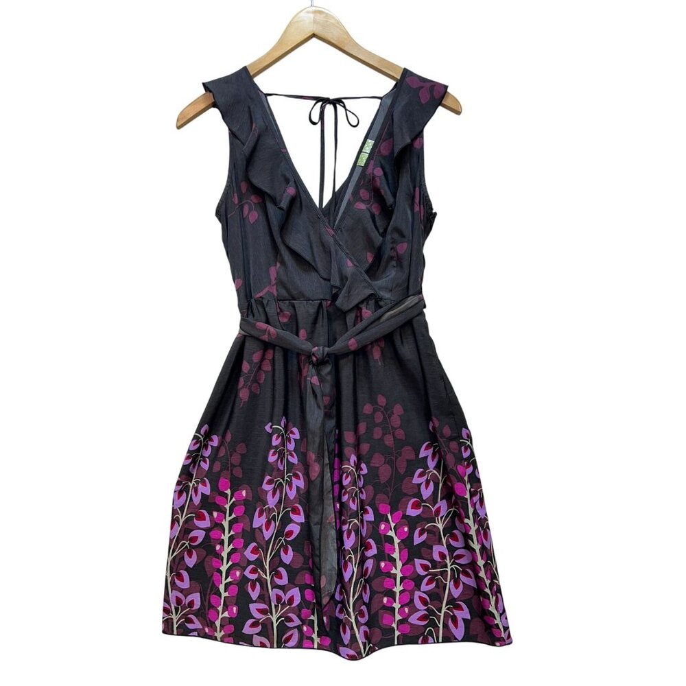 Johnny Martin Womens Sleeveless Floral Wrap Dress Size 7 Black Pink  Boho Belted